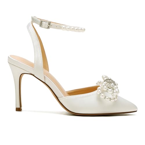 Women's Closed Toe High Heels Satin Wedding Pumps with Pearls Rhinestone Bow Ankle Strap Stiletto High Heel Sandals4