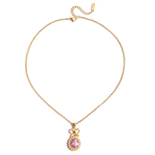 Image of 18k Gold Plated Vintage Dainty Pink Gemstone Bow Pendant Necklace Women Court Style Oval Cut Zircon Necklace