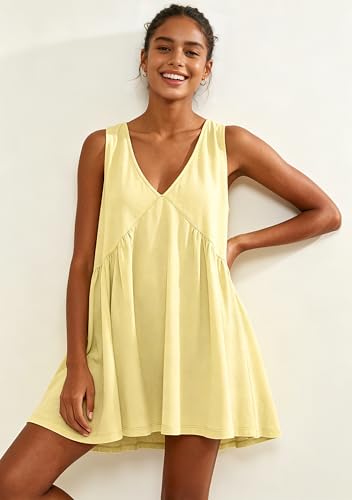 Image of Sleeveless Mini Dress for Women 2026 Summer Casual V Neck Sundress Loose Babydoll Dress with Pockets