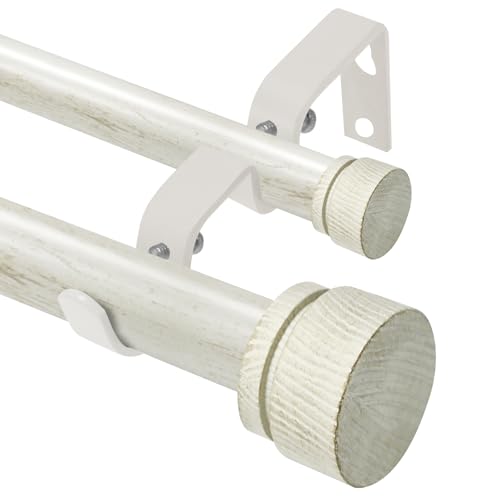 EQURROY White Wood Boho Double Curtain Rod 48-84 Inch Heavy Duty Adjustable