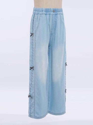 FEESHOW Kids Girls High Waist Washed Blue Straight Jeans Wide-Leg Denim Pants Casual Baggy Trousers with Pockets4