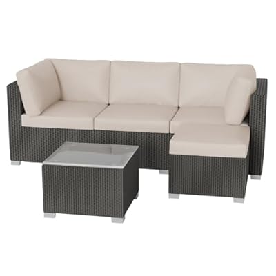 GarveeLife 5-Piece Outdoor Patio Rattan Wicker Sofa Set, PE Rattan Conversation Sectional with Thickened Back Cushion, Glass Tabletop, Ottoman - Ideal for Courtyard Space, Beige