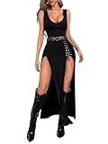 GothDark Vintage Black Goth Dress High Slit V Neck Eyelet Rope Sexy Party Club Dresses
