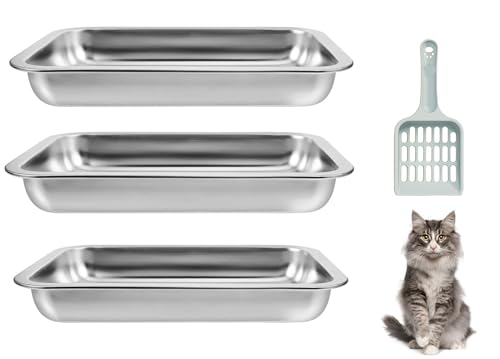3 Pcs Kitten Litter Box with 1 Scoop,Stainless Steel Small Litter Box, 14.1"×10.6"×1.37" Metal Litter Pan, Small Litter Pan for Little Cats Kittens, Easy Cleaning