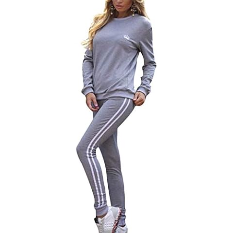 Women Tracksuit Set Long Sleeve Stripe Sweatshirt Hoodies+Pants Sports Suits 2PCS Full Tracksuit 3 Colours (Gray, M) Cover
