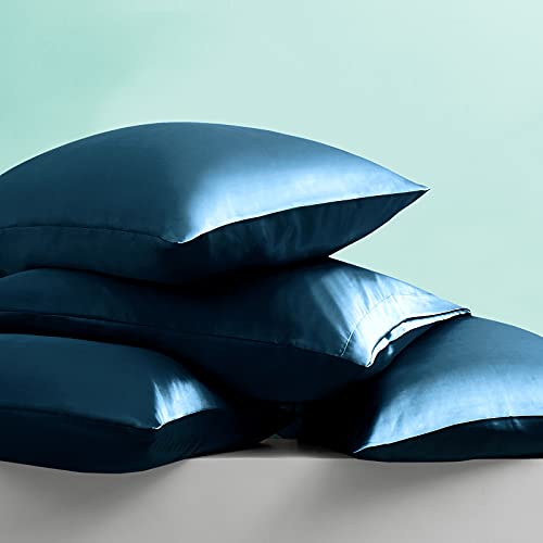 Image of Ersmak 7 Pieces Satin Sheets Set King Size, Luxury Silky Navy Blue Satin Bed Sheets Set with 1 Deep Pocket Fitted Sheet, 1 Soft Flat Sheet, 4 King Pillowcases and 1 Body Pillowcase