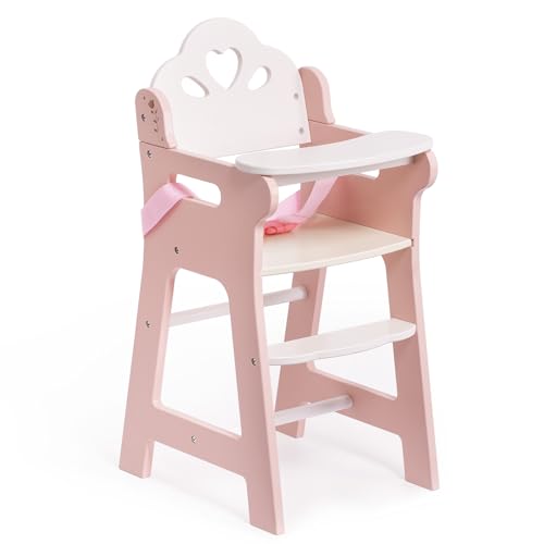 ROBOTIME High Chair for Pretend Play, Wooden Baby Doll Furniture with Safety Belt and Footrest, Fits 18 Inch Dolls, Gift for Ages 3+, White/Pink