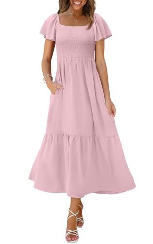 Image of OFEEFAN Summer Dresses for Women Square Neck Ruffle Sleeve Smocked Maxi Dress with Pockets