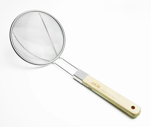 Image of 16cm Stainless Steel Deep Fry Net Skimmer Oil Strainer for Kitchen Frying Spoon for Puri & Poori Strainer Kitchen Utensil for Frying, Cooking & Straining Food Strianer Wood Handle (Pack of 1)