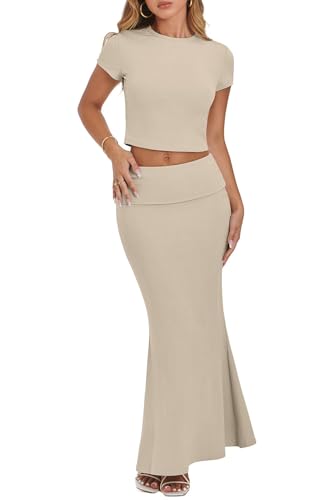Image of CHYRII Womens Two Piece Sets Short Sleeve Crewneck Cropped Top Bodycon Fold Over Maxi Skirt Maxi Dress Outfit