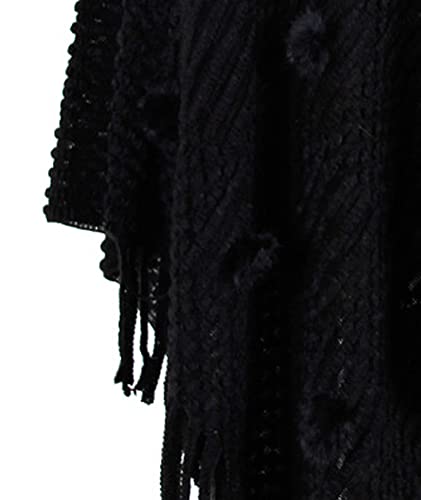 Image of xxxiticat Women's Tassel Poncho Scarf Batwing Sleeve Loose Fringe Hem Round Ball Cape Shawls Knitted Pullover Sweaters