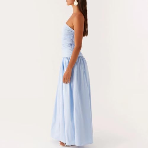 Image of Women Tube Top Maxi Dress Summer Strapless Backless Bodycon Long Bandeau Dress Elegant Off Shoulder A Line Dresses
