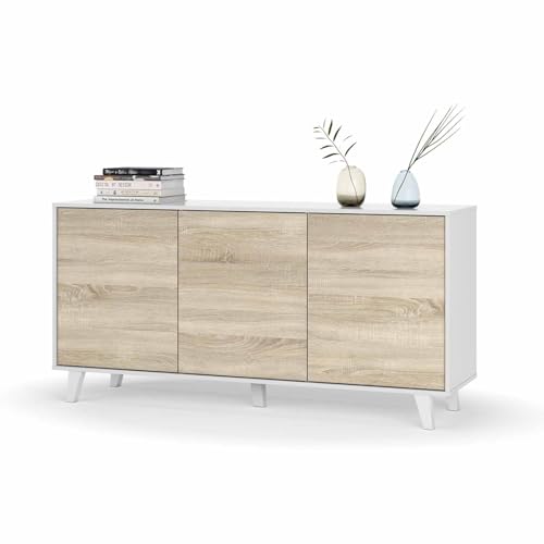 amuéblate Online - Aparador Buffet, Salón Comedor 3 Puertas, Modelo Bora, Acabado en Blanco Brillo y Roble Canadian, Medidas: 154 cm (Ancho) x 75 cm (Alto) x 41 cm (Fondo)