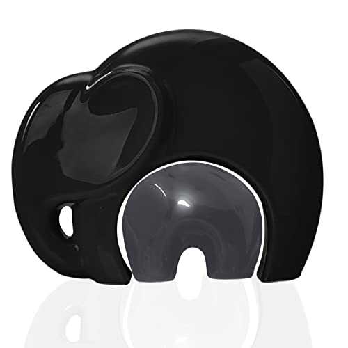 Image of SRJANA Home Decor Lucky Charm Elephant Mother & Child | Piano Finish Ceramic Figures - (Set of 2 Piece, Black and Grey)