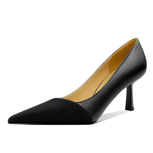 Women's Leather Splicing Closed Pointed Toe Stiletto Pumps Elegant Slip On Comfort High Heel Office Party Wedding Dress Shoes