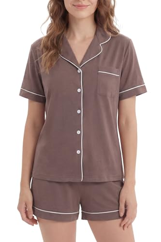 LUBOT Conjunto de pijama de 100 % algodón para mujer, pijama de manga corta con botones, pijama de dos piezas para mujer, ropa de dormir de punto y alta elasticidad, S - XXL, marrón, S