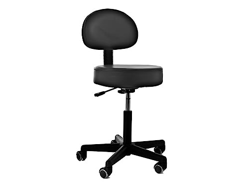 QUIRUMED Taburete con Respaldo, elevación a Gas, con 5 Ruedas, Color Negro, tapizado en Polipiel, Relleno de Alta Densidad, Altura Regulable, hasta 135 kg
