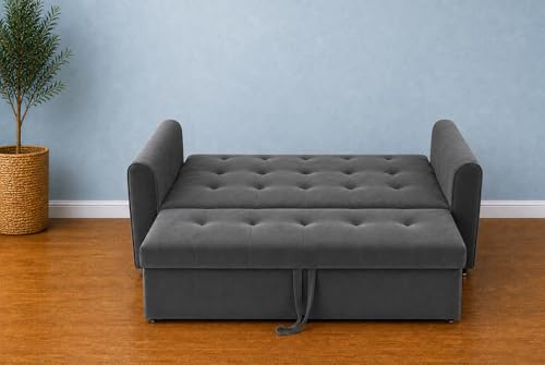 Image of Adorn India Premium Mystic - 3 Years Warranty - 3 Seater Sofa Cum Bed Velvet Suede Fabric - Dark Grey