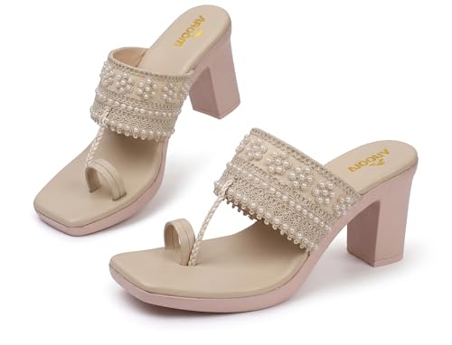 Image of AROOM Women's One Toe Block Heels Stability | Comfortable & Stylish Sandals for Women & Girls | Women Wedge Heels Thong Sandals| Comfort Orthopaedic Sandals | Doctor Heels Slippers | Arch Support & Stylish Block Heel Cushion | Lightweight Anti-Skid Sole | Ultra-Cushioned Shock Absorbing Footbed | Open Toe & Toe Separator Style | Peep-Toe | Mary Jane Women Daily Use Formal Wedges | Ladies Casual Wear Footwear | Kohlapuri Chappal Heels | Bridal, Wedding Sandals | Slip-on | Pump and Mule Sandals