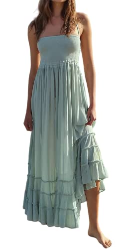 R.Vivimos Damen Sommer Boho Neckholder Langes Maxikleid Ärmelloses Rüschensaumkleid (Medium,Salbeigrün)