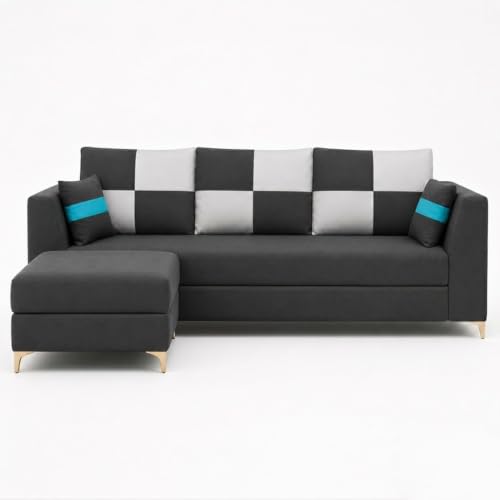 Image of FURNY Signature Cresta 4-Seater L-Shape Sofa Set with Movable Ottoman | Flexible LHS /RHS Layout | Boston Fabric | 40D Foam + Zigzag Spring | 3-Yr Warranty (Ash Grey - Light Grey)