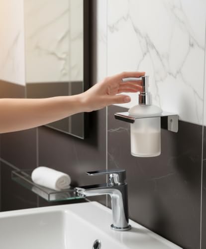 Image of Premium 304 Stainless Steel Wall Mounted Liquid Soap Dispenser with Frosted Glass Bottle | Rustproof Bathroom Hand Wash Pump Holder | Ideal for Kitchen & Bathroom (Extra SD19)