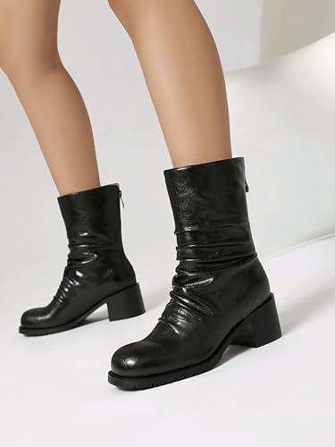 Mid Calf Boot for Women Low Chunky Block Heel Boots Round Toe Slouch Boots2
