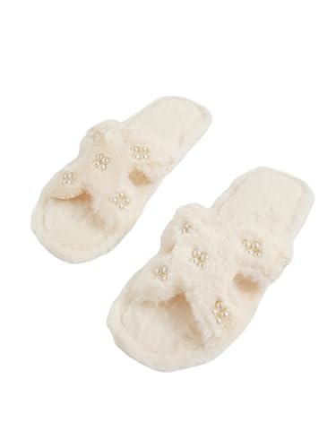 Verdusa Women's Cut Out Pearl Slippers Open Toe Fuzzy Bedroom Shoes Bride Slippers White 7.5