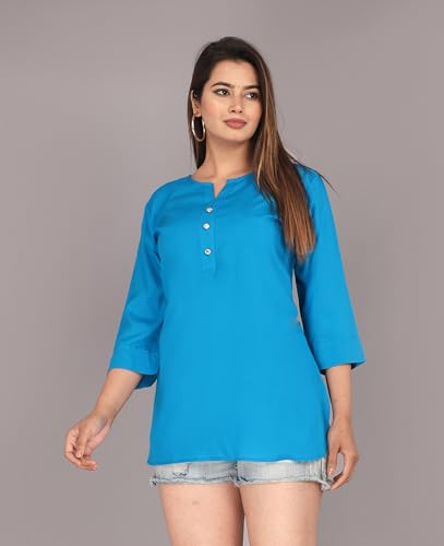 Image of Himanshi Enterprises Women's Traditional Casual 3 /4 Sleeves Mandarin Nack Rayon Solid Short Kurti