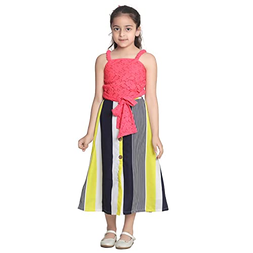 Image of LILPICKS Girls' Polyester Net Knot Top with Striped Maxi Skirt Set (Neon Pink and Multicolor)