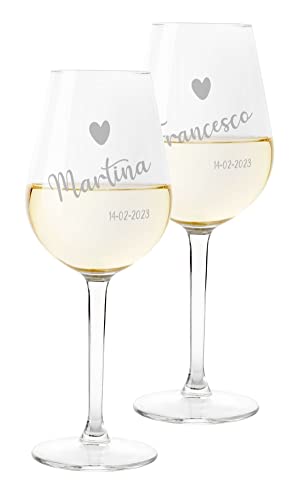 Colorfamily Coppia Calici Personalizzati SanValentino Set da 2 calici Vino con Nome e data Innamorati Matrimonio Fidanzamento - Bicchiere in Vetro 500 ml