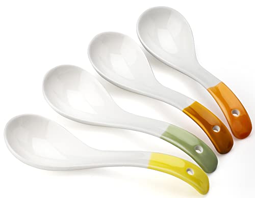Ceramic Dessert Spoons Set of 4 Long Handle Cereal Spoon Korean Porcelain Spoons for Dessert Oat Cereal Rice Soup (Model 1#)