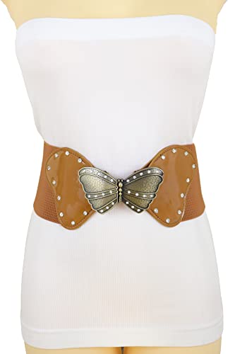 TrendyFashionJewelry Women Fashion Elastic Wide Waistband Belt Hip High Waist Gold Metal Butterfly Buckle S M , Black + Gold4