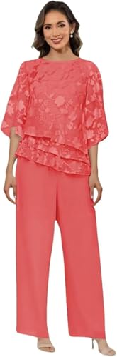 Floral Coral Pantsuits Dressy Casual 2 Piece Half Sleeve Cocktail