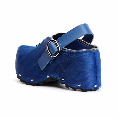 Image of XOBZJH Women's Natural Cow Print Fur Platform Clogs with Decorative Zipper & Adjustable Buckle Strap - Western Slip-On Punk Rivet Mules with Arch Support, Chunky Retro Rustic Style