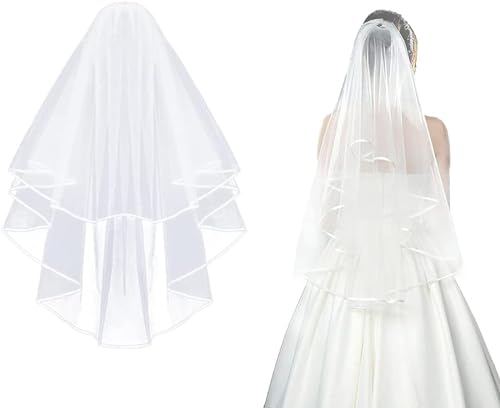 CICILIAYA Voile de mariée simple en tulle blanc ivoire avec bord en ruban avec peigne pour mariée, enterrement de vie de jeune fille, costume Chucky, cadeau...