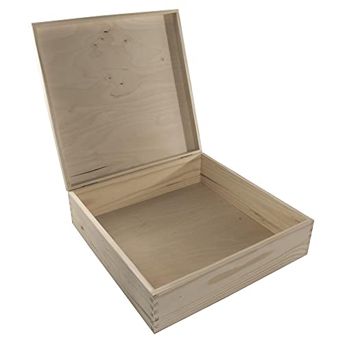 Caja de madera cuadrada grande | 36 x 36 x 10,5 cm | Caja de almacenamiento de recuerdo con tapa | Pino decorativo sin pintar Cover