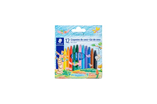 STAEDTLER Giz de Cera Redondo 12 Cores - 2209 C12 PE - Traço Suave, Cores Vivas, Resistente e Não Mancha – Com Luva de Papel e Espaço para Nome