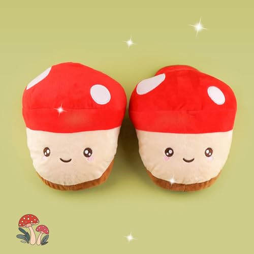 BelugaDesign Mushroom Slippers | Cutecore Magical Cartoon Anime Kawaii Cottagecore | White Red Soft Plush Warm Fuzzy Satin House Shoes | Non-Slip Winter Indoors One Size for Women Teens Fluffy Gifts3