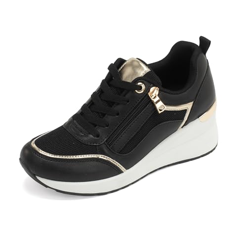 JOMIX Zapatillas Mujer Casuales con Cuña Deportivas con Cremallera Decorativa Zapatos Plataforma WSC250518-1, Negro, 39 EU