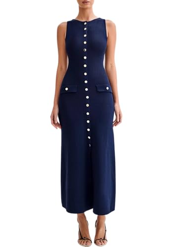 Famnbro Womens Elegant Dress Knit Sleeveless 2025 Summer Button Bodycon Office Work Business Casual Dresses