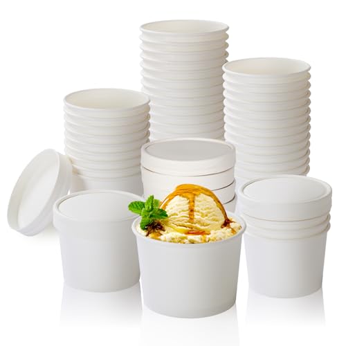 Belinlen 100 Count 4 oz Paper Ice Cream Cups with Lids Frozen Yogurt Cups Dessert Bowls Snack Dessert Bowl Supplies (White)