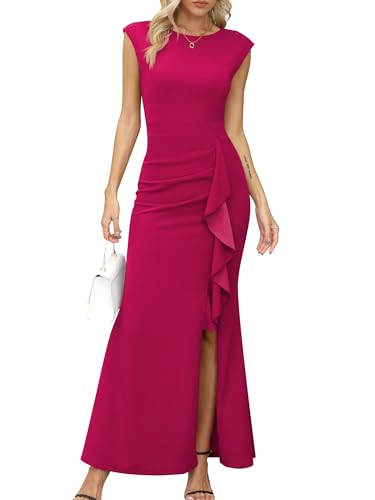 Missufe Robe de soirée maxi pour femme avec manches bouffantes et ouverture en forme de sirène pour mariage, cocktail, bal, Rouge, rose, X-Small