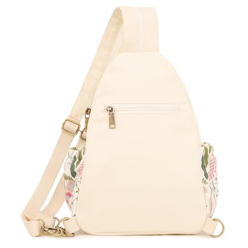 Image of SILKAREA Embroidered Sling Bag for Women, Crossbody Backpack Purse Anti-Theft Travel Daypack, Adjustable Shoulder Chest Pack with Tablet Pocket (Embroidered White-2)