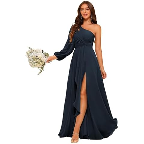 Miao Duo Long Sleeves A Line One Shoulder Bridesmaid Dresses Long Chiffon Pleated Navy Blue Formal Dresses with Slit for Women 10 Cover