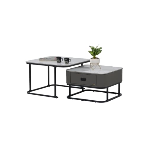 Image of Royaloak Genting Malaysian Square Sintered Top Coffee Table Set of 2 | Nesting Coffee Table for Living Room with Modern Nested Design, Drawer Storage, Glossy Surface & Powder-Coated Metal Frame