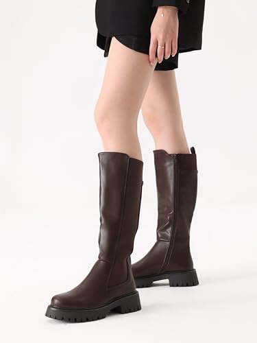 Women’s Knee High Boots Platform Stretch Lug Sole Riding Boots Round Toe Elastic Comfortable Fashion Dress Boots with Side Zipper4