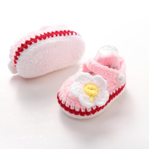 Baby Girl Crochet Knit Mary Jane Flats, Newborn Infant First Walking Shoes, Bowknot Floral, Soft Cozy2