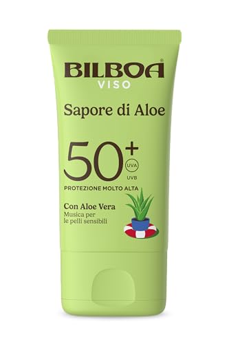 Bilboa Sapore di Aloe Crema Viso Solare SPF 50+, con Aloe Vera, Musica per le Pelli Sensibili, Resistente all'Acqua, Dermatologicamente Testato - 40 ml