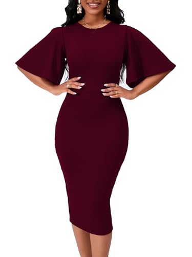 Image of WanMem Womens Basic Bodycon Ruffle Flared Short Sleeve Pencil Midi Dress